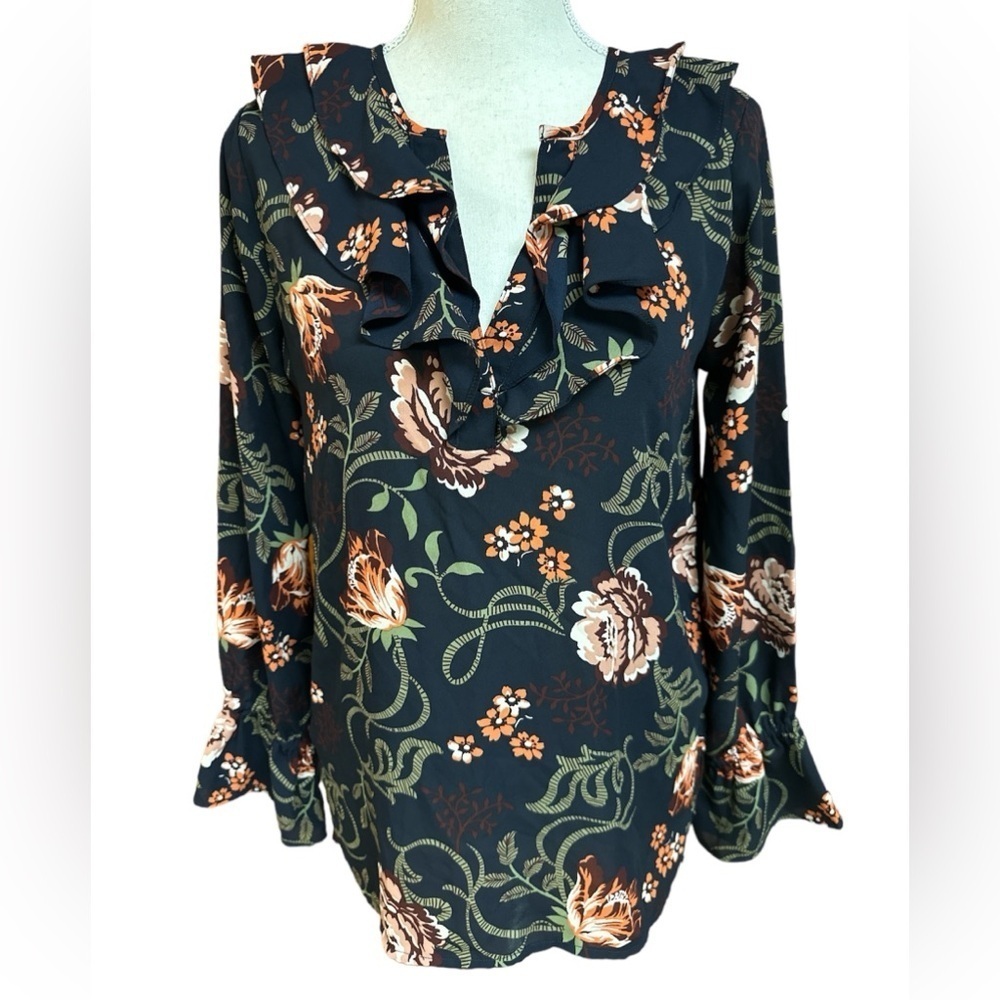 Loft Outlet Floral Longsleeved Ruffled V-Neck Top Blouse XS
